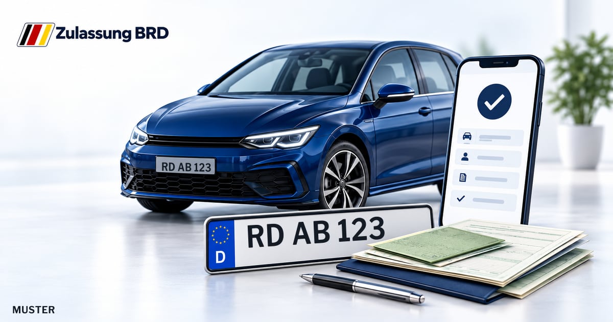 Online Fahrzeugzulassung in Kronshagen: Musterkennzeichen RD AB 123, Auto und Fahrzeugpapiere und Smartphone. Illustration mit Logo von Zulassung BRD.